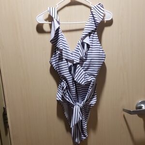 Coskaka Black/White Striped Ruffled V Neck Belted Swimsuit Size M
